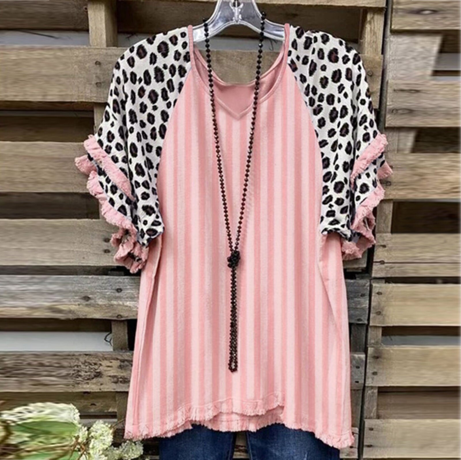 Women's Blouse Fashion Plus Size Vintage Loose Blouse V-neck Leopard Print Short Sleeves Loose Casual Blouse Camisas De Mujer