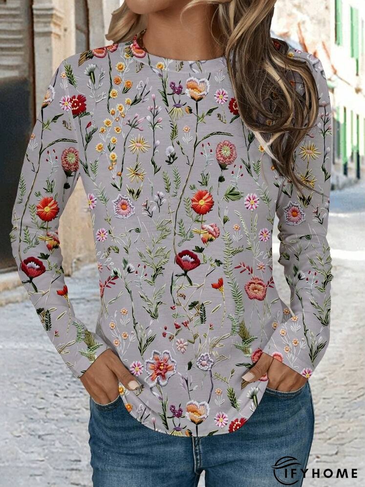 Women's Round Neck Long Sleeve Full Floral Print Casual T-Shirt | IFYHOME