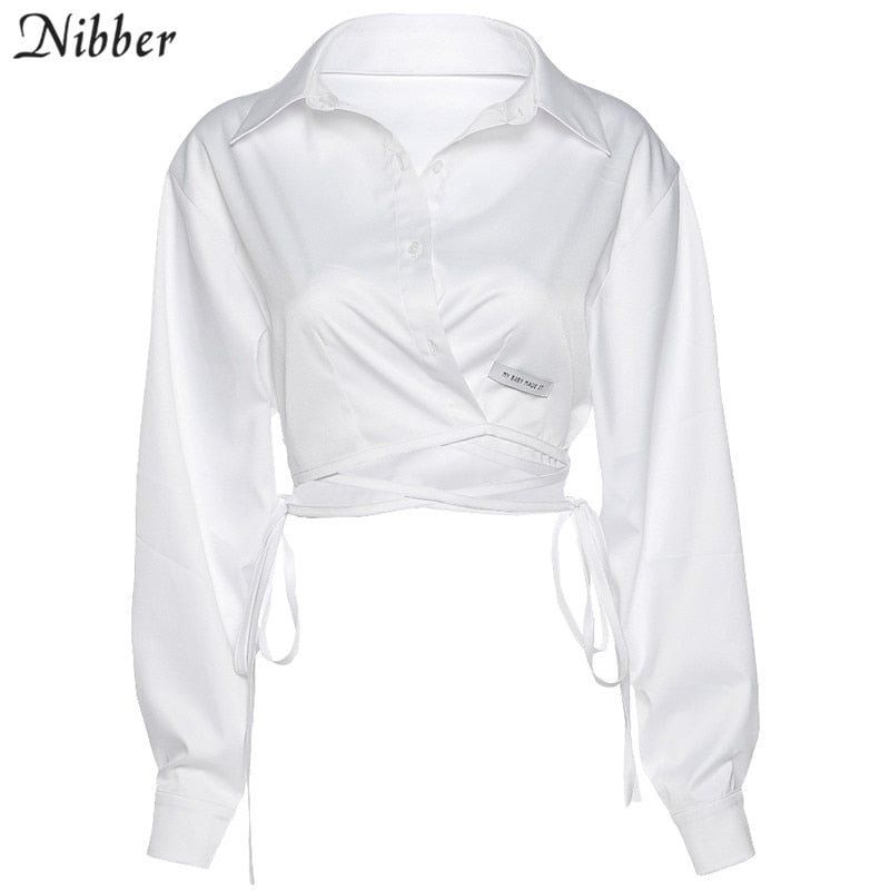 Nibber Basic preppy style solid tshirt street Back Split loose female tees pure office lady lace up high quality crop tops