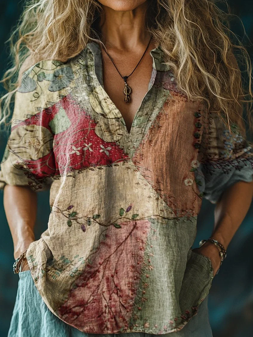 Women's Retro Patchwork Print Casual Linen V-neck Shirt