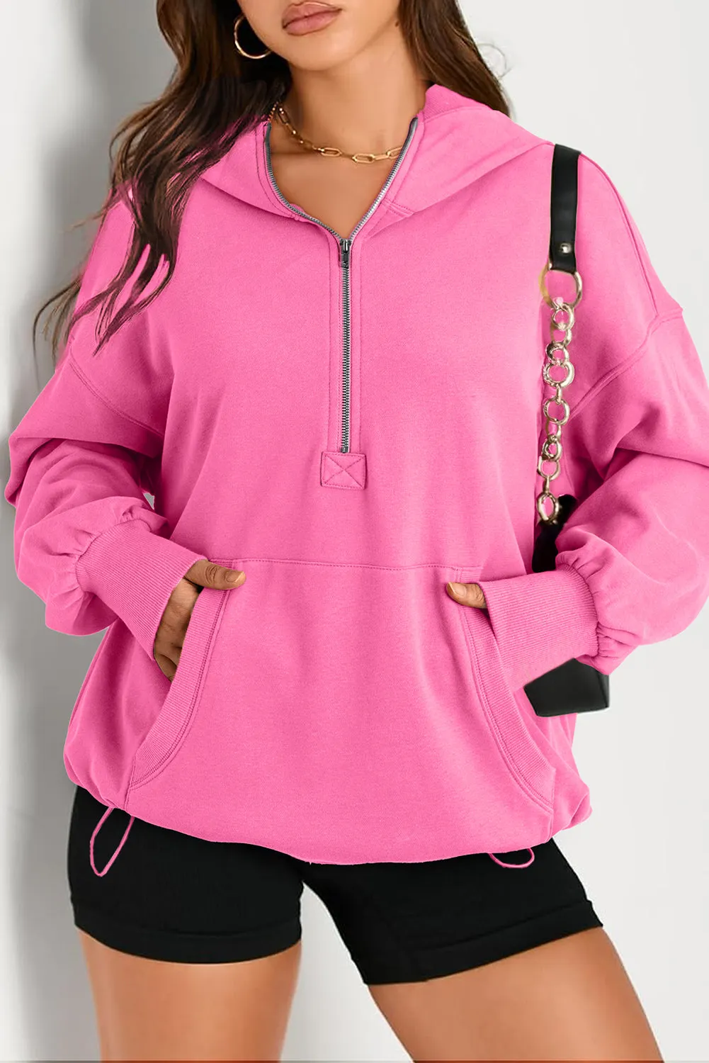 Smoke Green Solid Kangaroo Pocket Half Zipper Oversized Hoodie