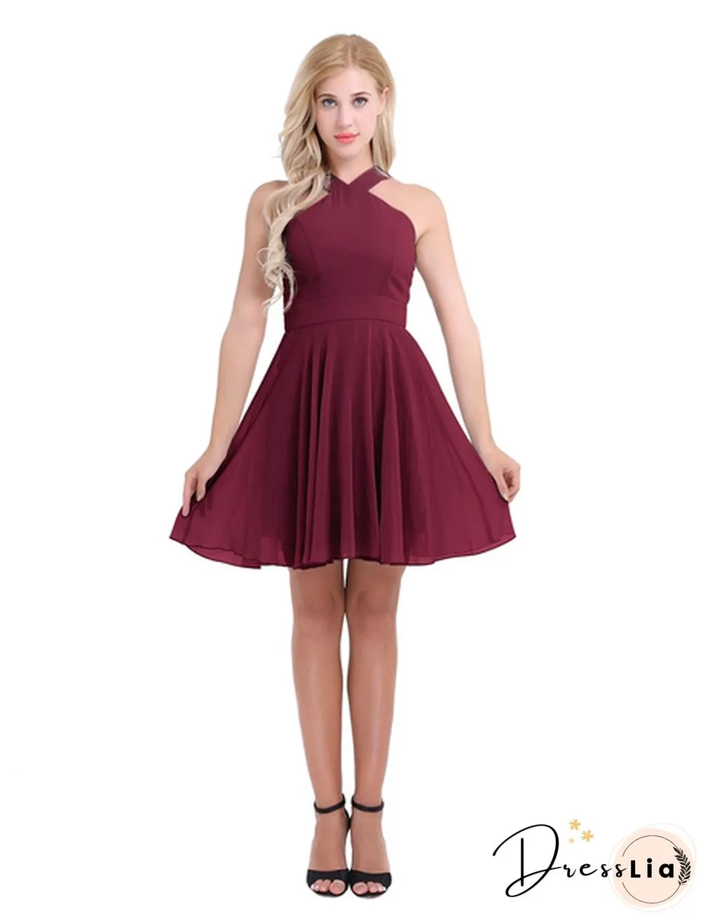 Women Ladies Chiffon Criss-cross Shoulder Straps Bridesmaid Short Dress Evening Prom Gown