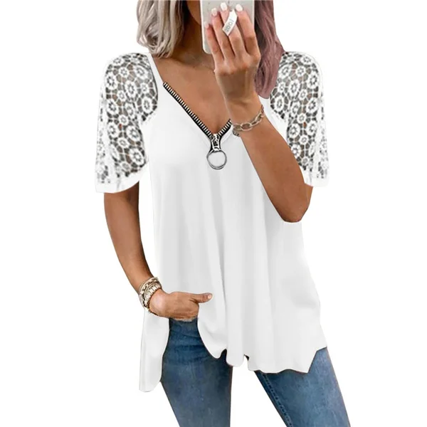 Summer Women's Lace Stitching Short Sleeve Tops Solid Color Loose T-shirt Fashion Casual Women's Clothing Plus Size Femmes