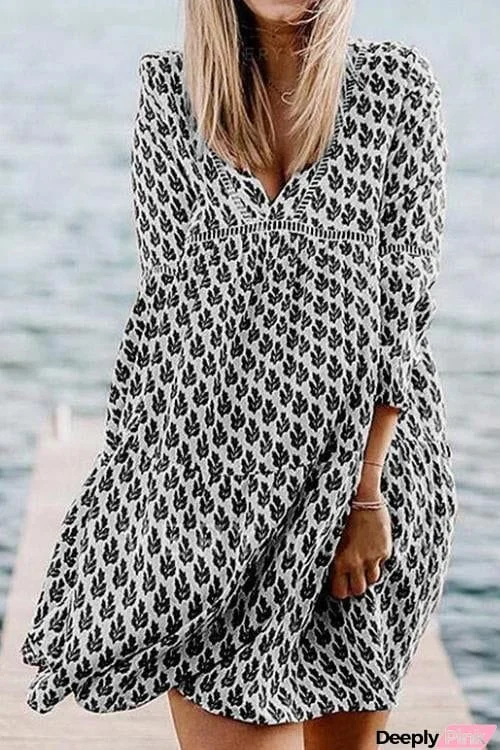 Print V Neck Loose Mini Dress