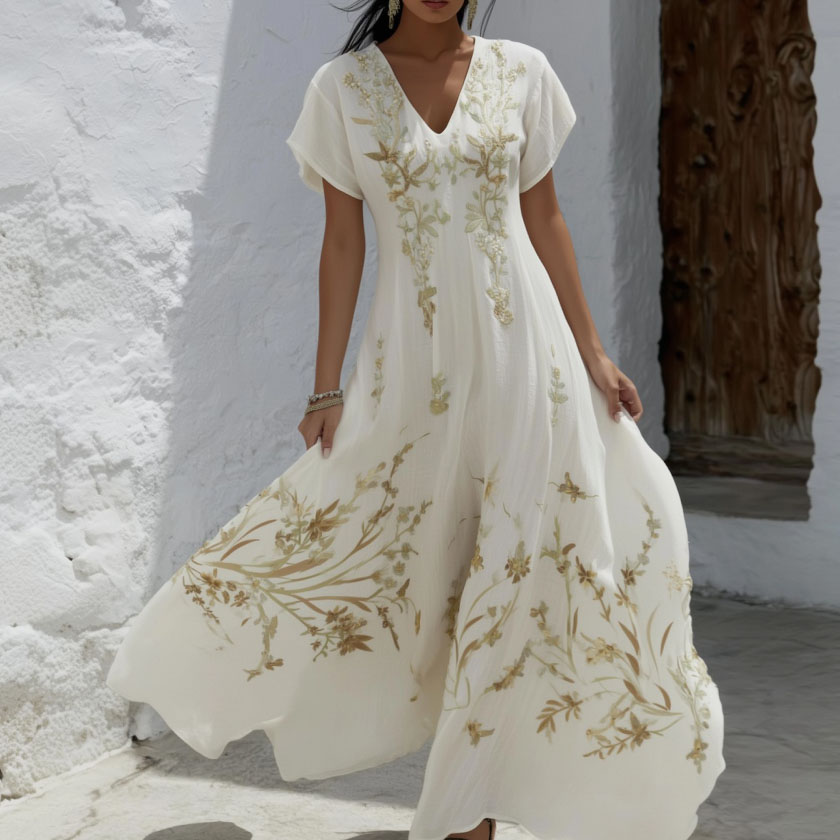 Women's Floral Branch Art Print Linen Blend V-neck Dress elevenforest