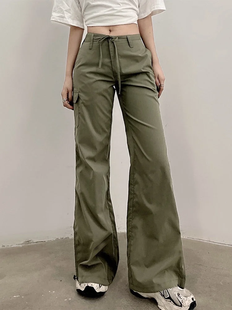 Vstacam 2022 Low Waist Y2k Cargo Straight Pants Women Green Tie Up Baggy Skinny Trousers Retro Harajuku Street Sexy Sweatpant
