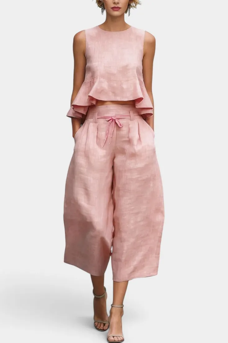 Peplum Crop Top with Cinched Wide-Leg Pants Set