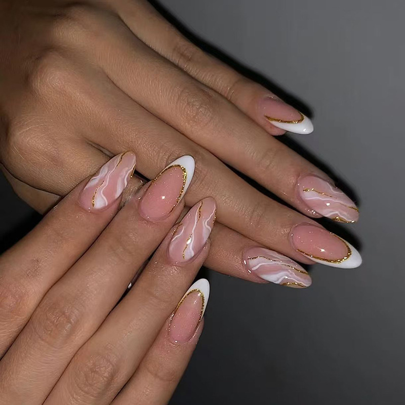 Damokan 24Pcs Simple French Nails Art Tips Fake Nails 3D Design Wearable Full Cover False Nail Mid-length Almond Reusable Press on Nails