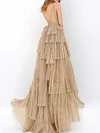 Shiny Deep V-Neck Split-Joint Mesh Backless A-Line Party Maxi Dress