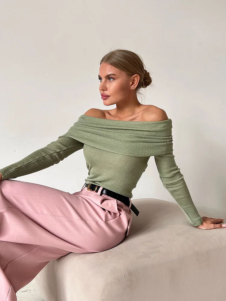 Women's Solid Color Boat Collar Long Sleeve Top