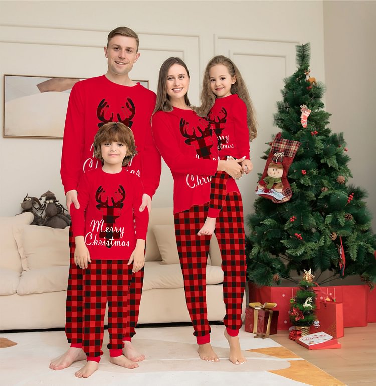 Merry Christmas Elk Print Plaids Christmas Family Pajama Set