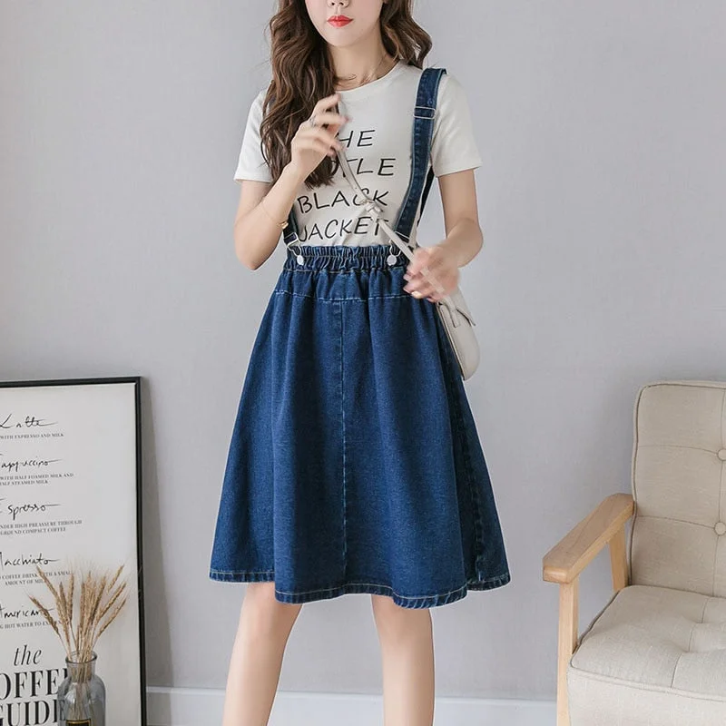 Zoki Plus Size S-4XL Women Denim Strap Skirt Elegant Summer Korean Elastic High Waist A-line Midi Skirt Jeans Faldas Mujer Moda