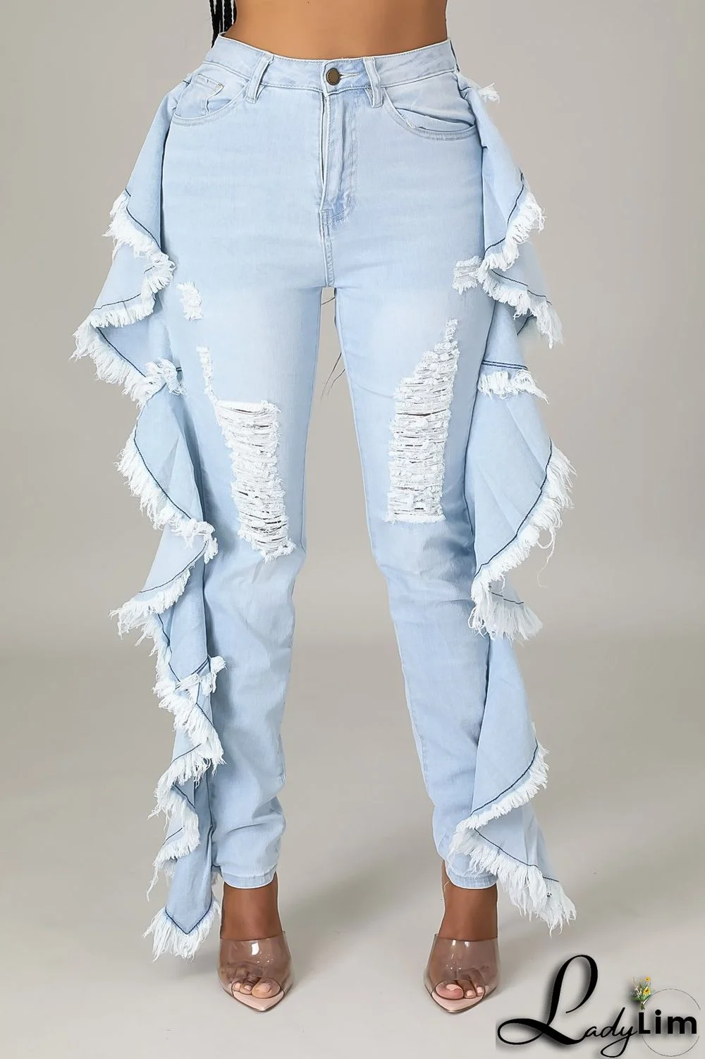 Slim-fit Sexy Stretch Jeans With Ruffled Fringe And Shredded Holes