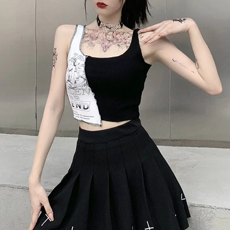 InsGoth Punk Streetwear Bodycon Patchwork Crop Tank Tops Harajuku Gothic Print Tank Top Summmer Sexy Casmioles Sleeveless Female