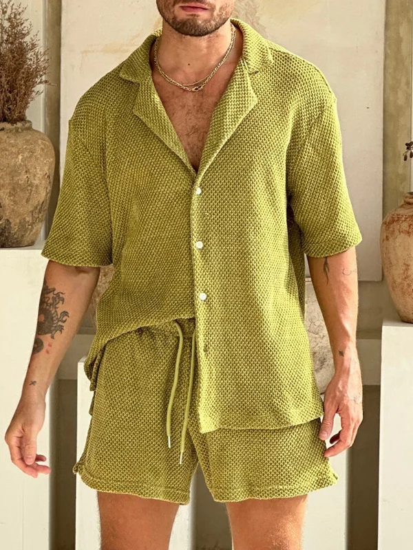 Men's Casual Hollow Out Knit Lapel Collar Short Sleeve Shirt Shorts Matching Set