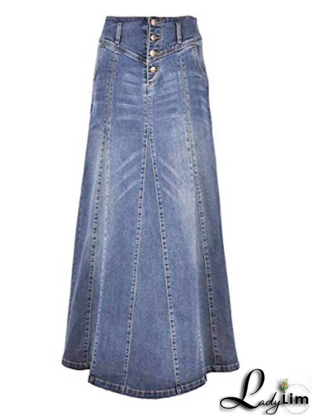 Casual Button High Waist Spliced Denim Maxi Skirt