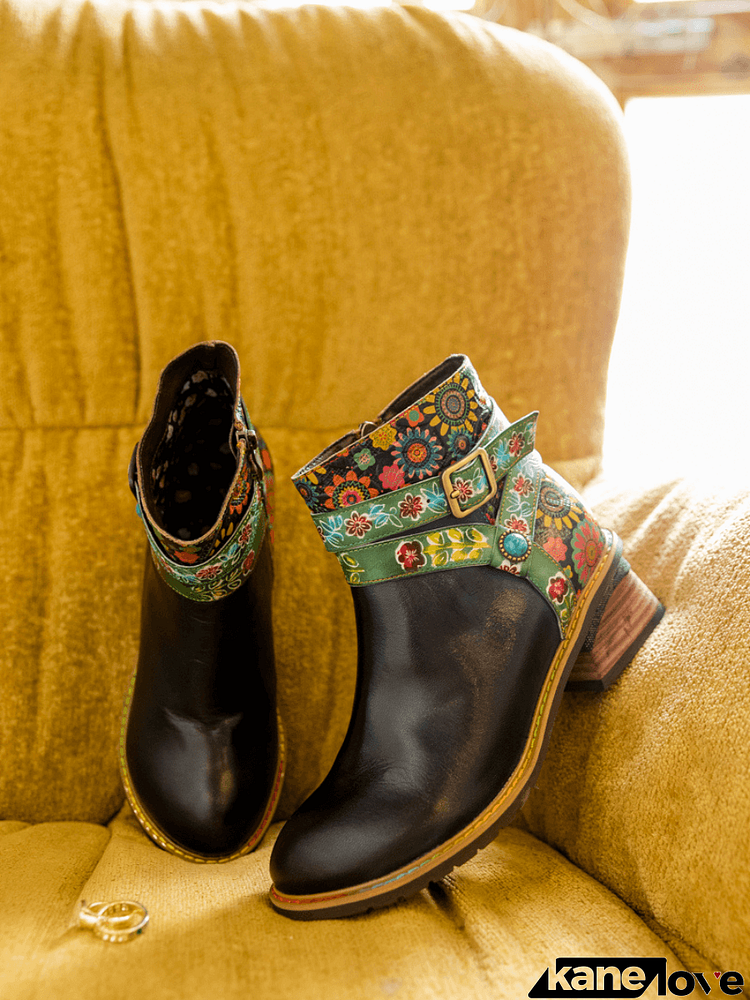 SOFFIA | ABSTRACT FLORAL STRAP LEATHER ANKLE BOOT