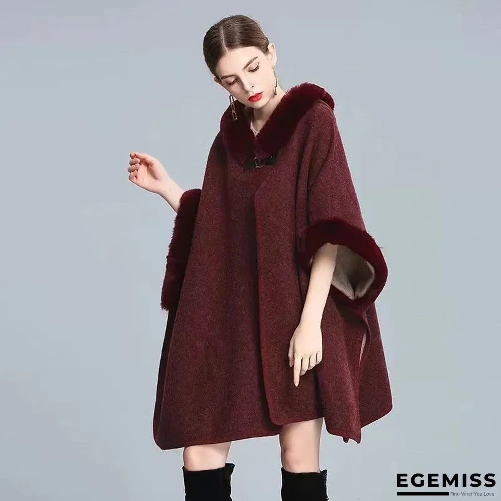 Autumn and Winter Fur Collar Hooded Shawl Cloak Large Size Woolen Coat Loose Cardigan Women | EGEMISS