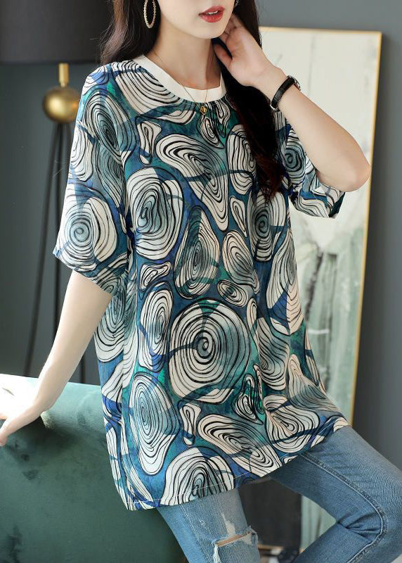 VCSHOES Loose Blue O Neck Print Cotton T Shirt Half Sleeve