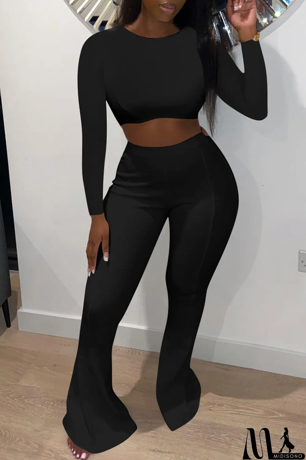 MidiSono - Red Fashion Casual Solid Basic O Neck Long Sleeve Two Pieces