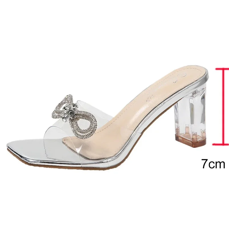 Tanguoant Crystal Bowknot High-Heeled Sandals Women 2023 Summer Silver Transparent Pvc Sandals Woman Slip On Party Shoes Ladies