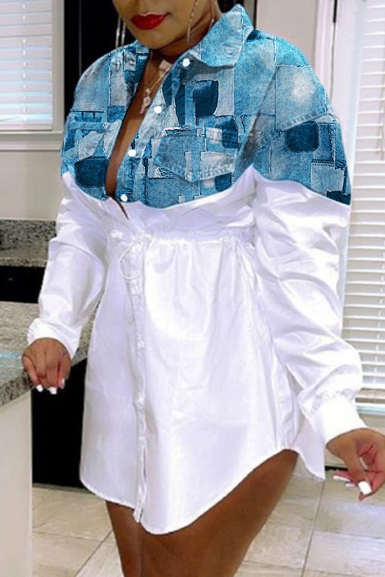 Plus Size Casual Blue Colorblock Turndown Collar Long Sleeves Mini Dress