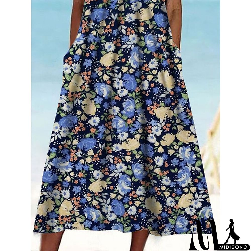 MidiSono - Women's Casual Dress Tank Dress Floral Dress Floral Pocket Print Crew Neck Midi Dress Fashion Modern Daily Holiday Sleeveless Regular Fit Blue Summer Spring S M L XL XXL