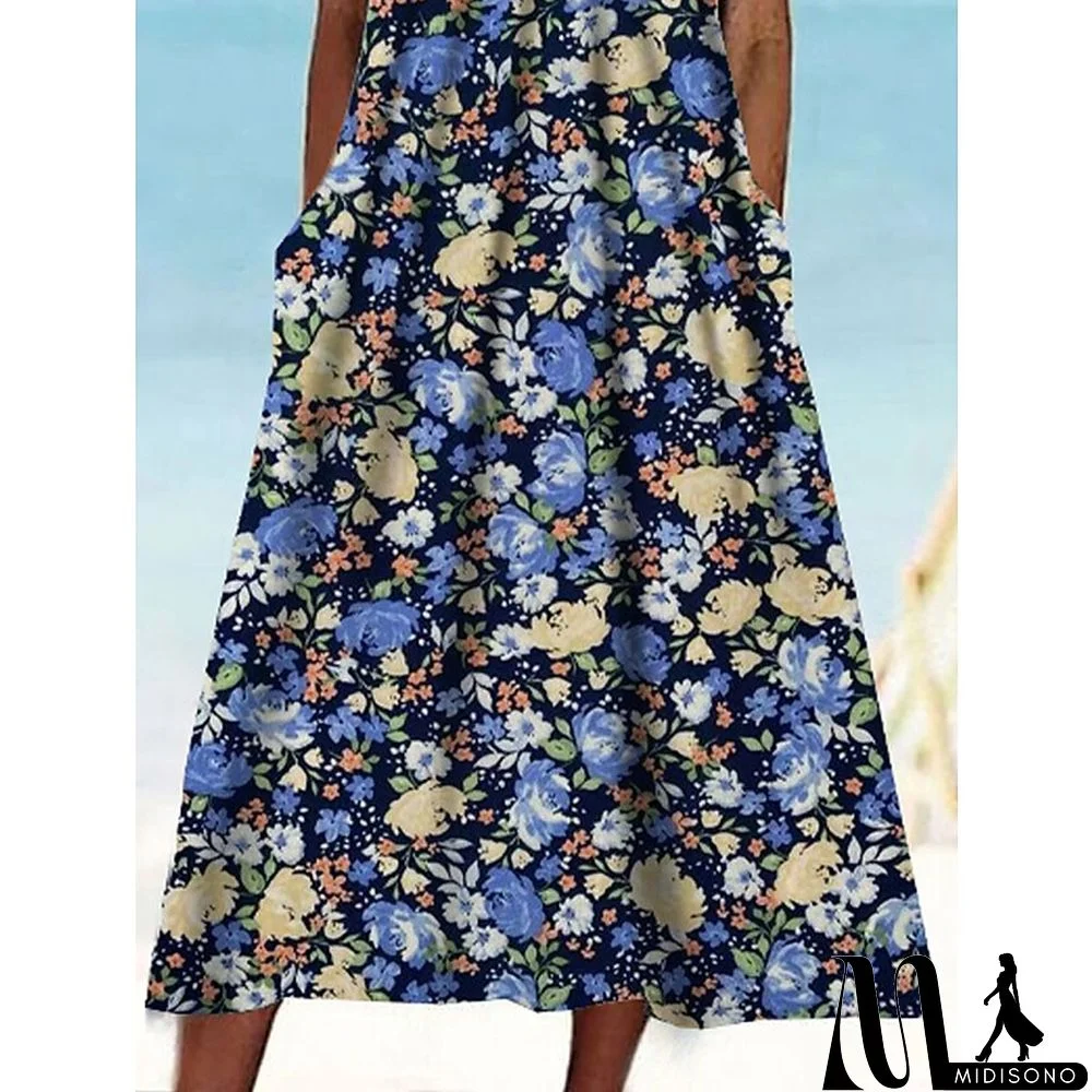 MidiSono - Women's Casual Dress Tank Dress Floral Dress Floral Pocket Print Crew Neck Midi Dress Fashion Modern Daily Holiday Sleeveless Regular Fit Blue Summer Spring S M L XL XXL