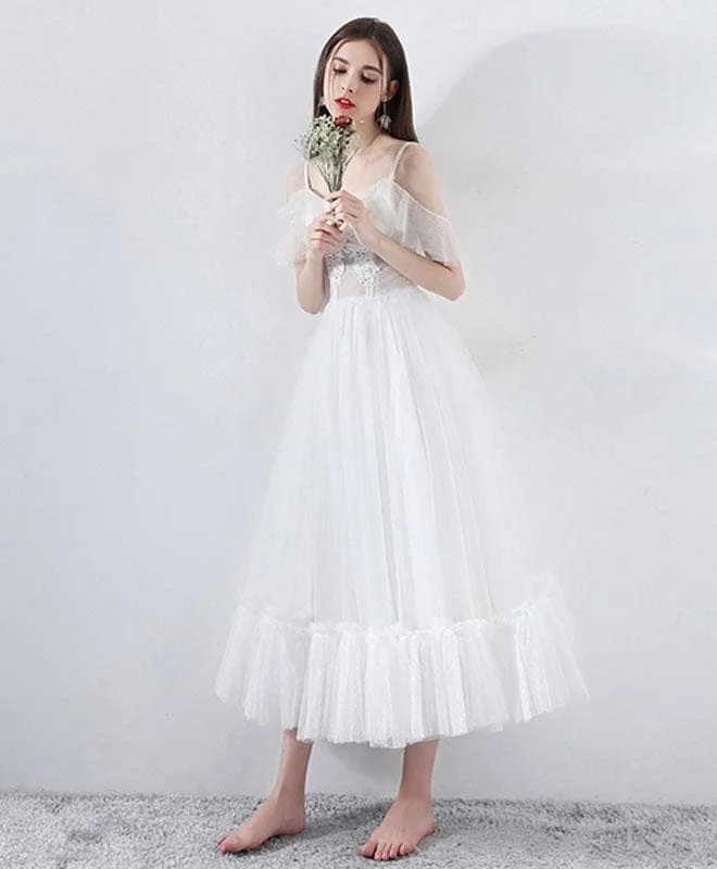 White Tea Length Tulle Prom Dress, White Evening Dress