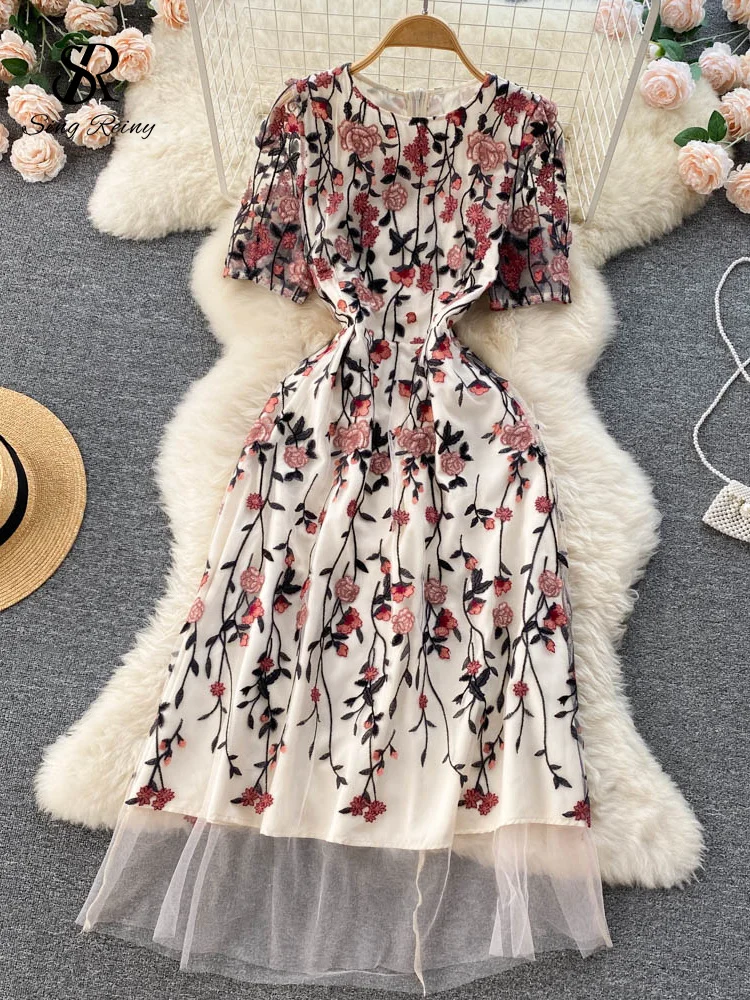 Huibahe Mesh Embroidary Ins Women Dress 2024 Summer Zipper Slim Temperament Vacation Fashion Ladies A Line Splice Dresses