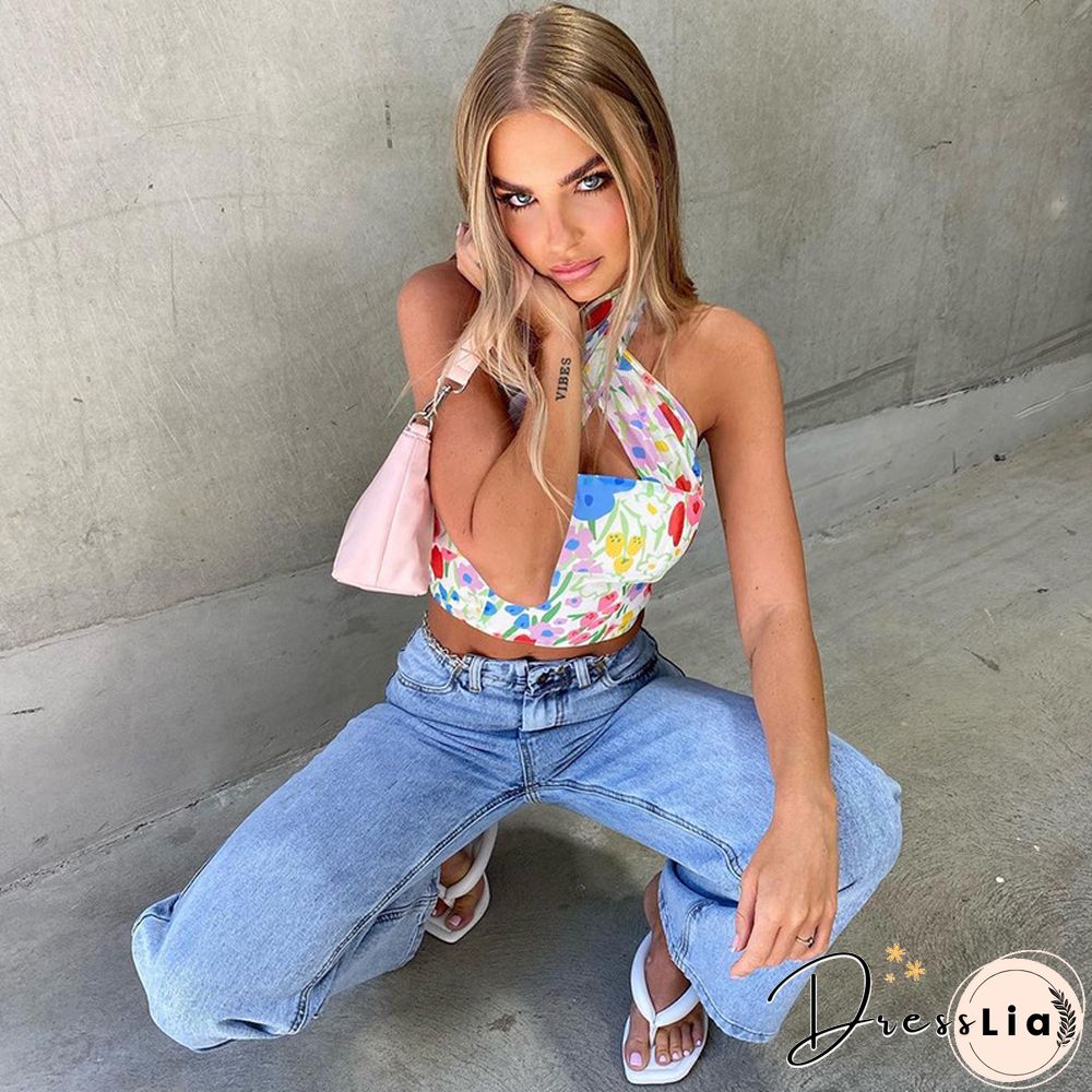 Summer Floral Print Halter Neck Crop Top Women Casual Off Shoulder Backless Mesh Beach Sleeveless Tank Tops Sexy