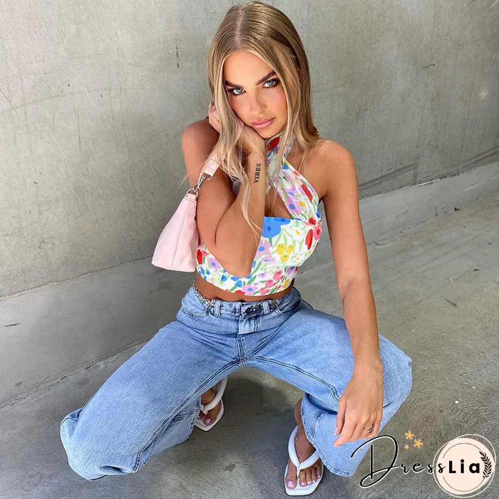 Summer Floral Print Halter Neck Crop Top Women Casual Off Shoulder Backless Mesh Beach Sleeveless Tank Tops Sexy