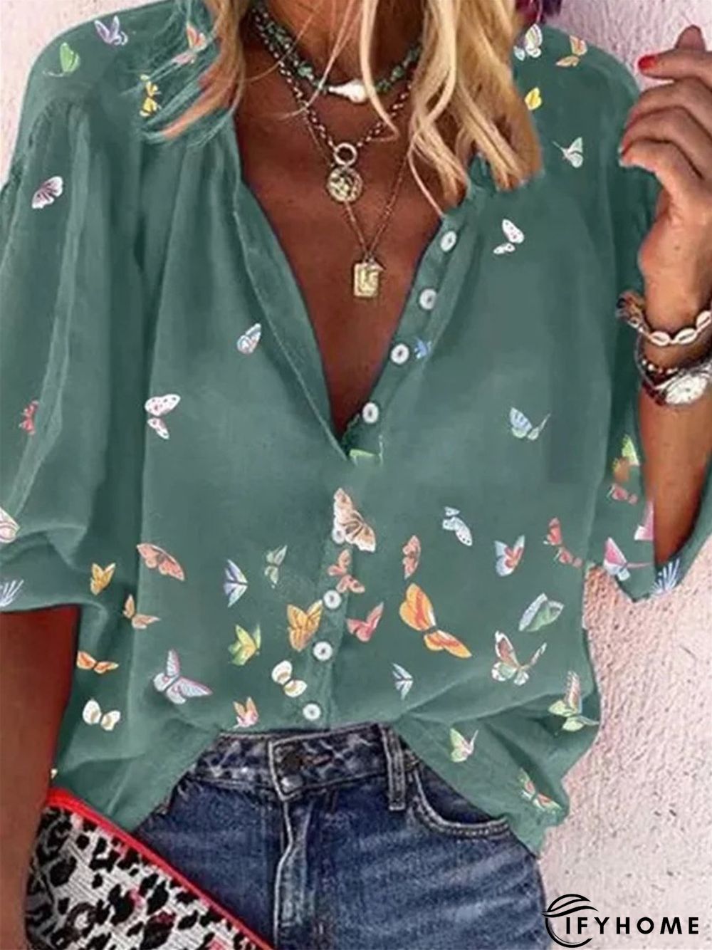 Colorful Butterfly Print Chiffon Long Sleeve Shirt | IFYHOME