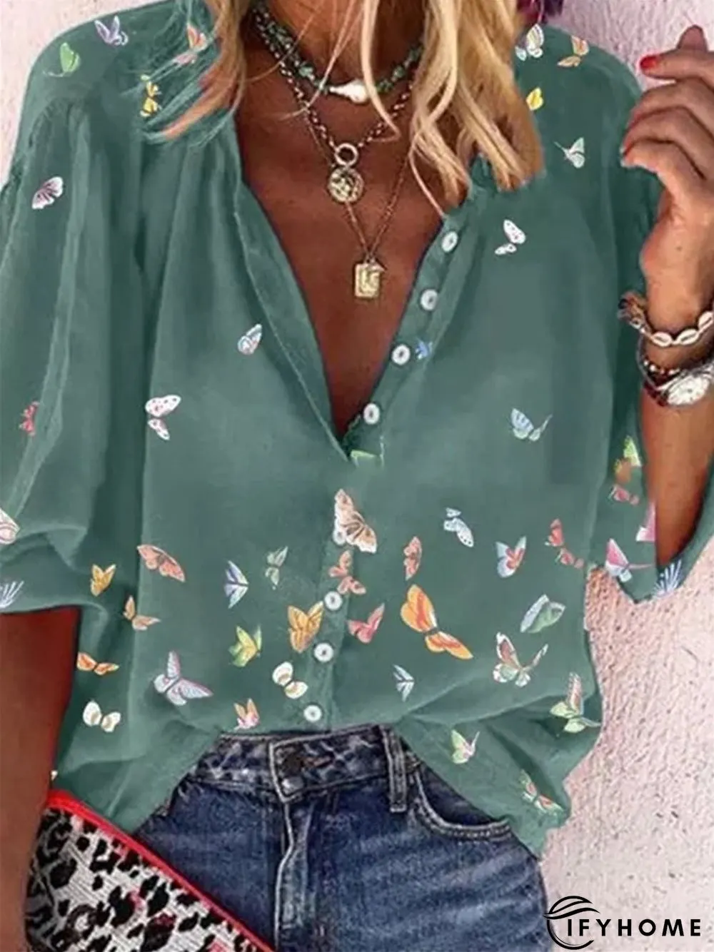 Colorful Butterfly Print Chiffon Long Sleeve Shirt | IFYHOME