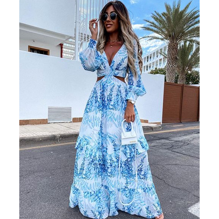 Long Sleeve Cutout Floral Beach Casual Dress