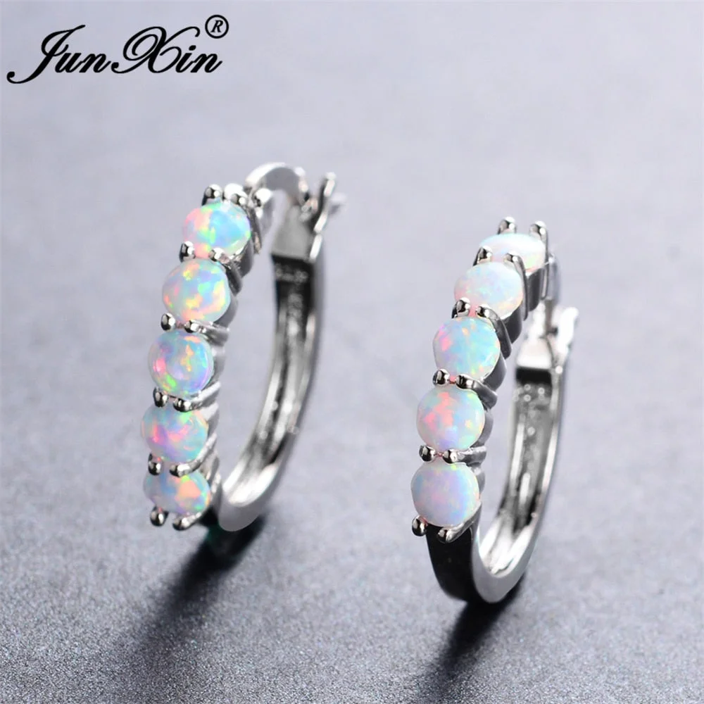 JUNXIN Women White Round Fire Opal Earring Silver Color Hoop Earrings For Women Fashion Jewelry Double Earrings