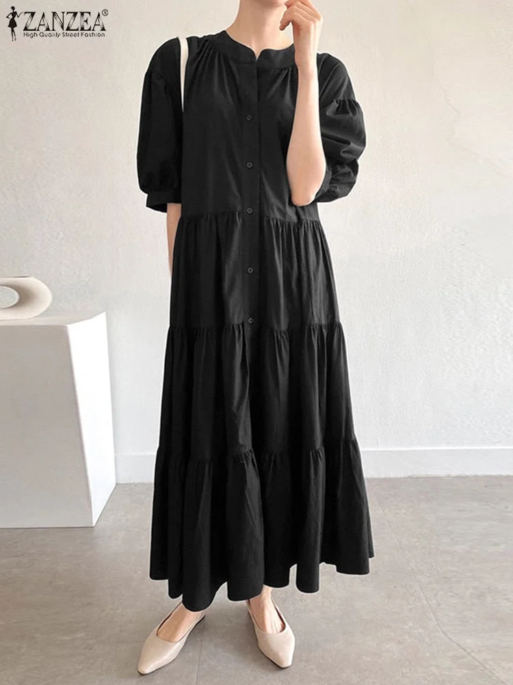 Women Casual Half Lantern Sleeve Sundress ZANZEA Elegant O Neck Solid Shirt Dress Spring Ruffle Vocation Vestidos Beach Kaftan