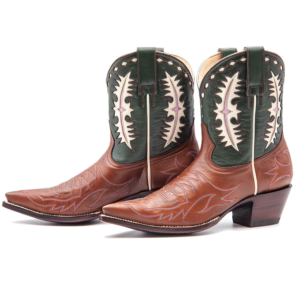 Brown & Green Pointed Toe Embroidered Short Western Boots for Women Nicepairs
