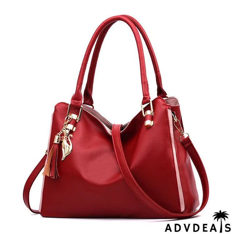 Women Vintage Design Solid Color Large Capacity Shoulder Handle Bag