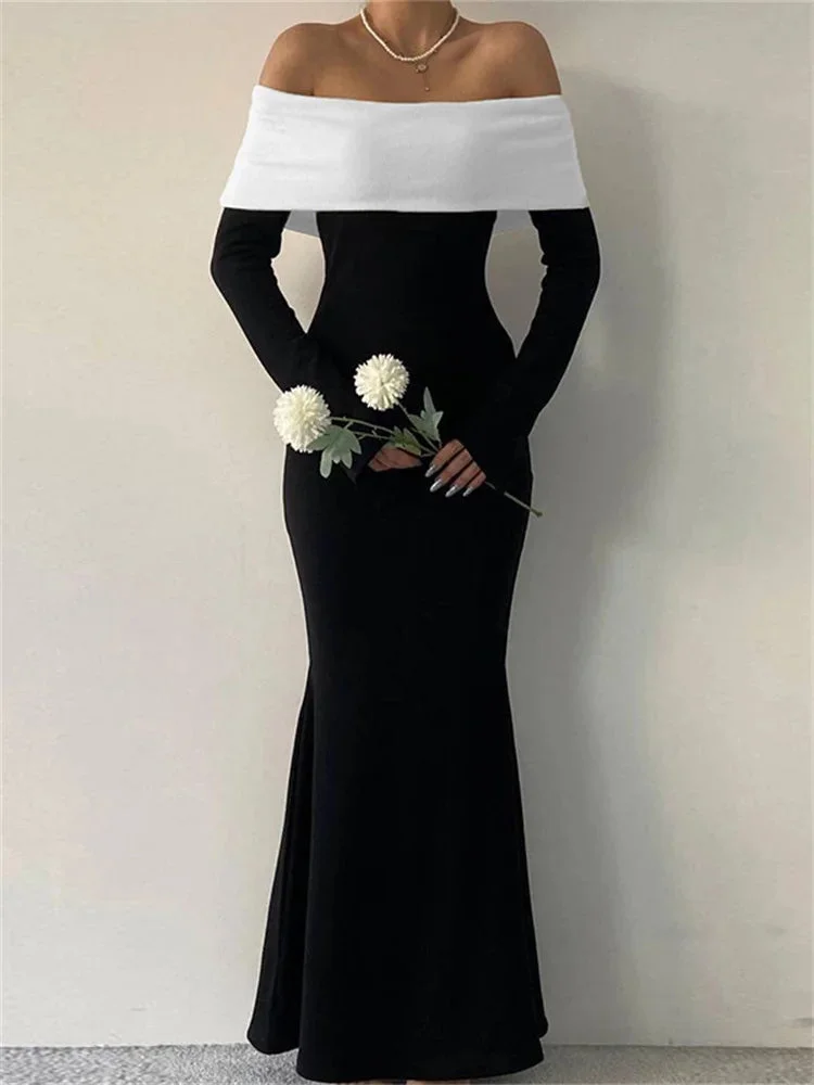 Oocharger Off-Shoulder Patchwork Slim Maxi Dress For Women Long Sleeve High Waist Elegant Backless Party Dress Female Autumn Outfit