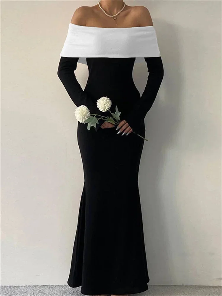 Huiketi Off-Shoulder Patchwork Slim Maxi Dress For Women Long Sleeve High Waist Elegant Backless Party Dress Female Autumn Outfit