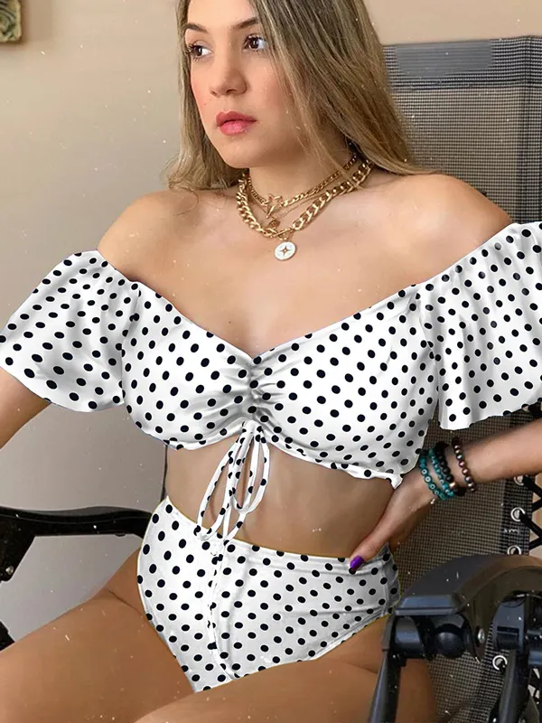 Off-The-Shoulder Polka-Dot Drawstring Bralette High-Waisted Bikini Swimwear