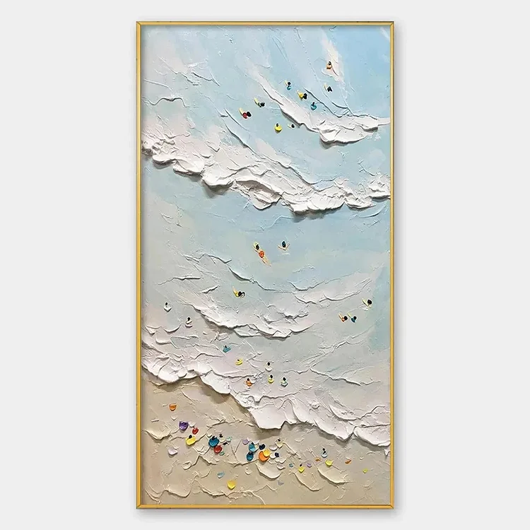 SUMMER BEACH: Textured Beach Scene Painting with Surfers and Swimmers（Canvas painting）