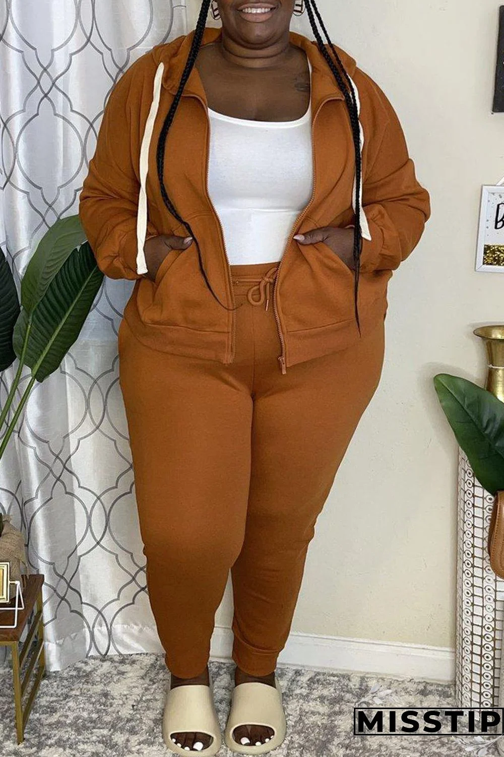 Brown Sportswear Solid Patchwork Hooded Collar Plus Size Two Pieces