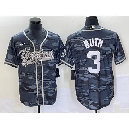 Men's New York Yankees #3 Babe Ruth Gray Camo With Patch Cool Base Stitched Baseball Jersey