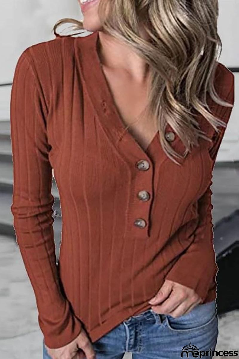 Button V Neck Slim Sweatershirt