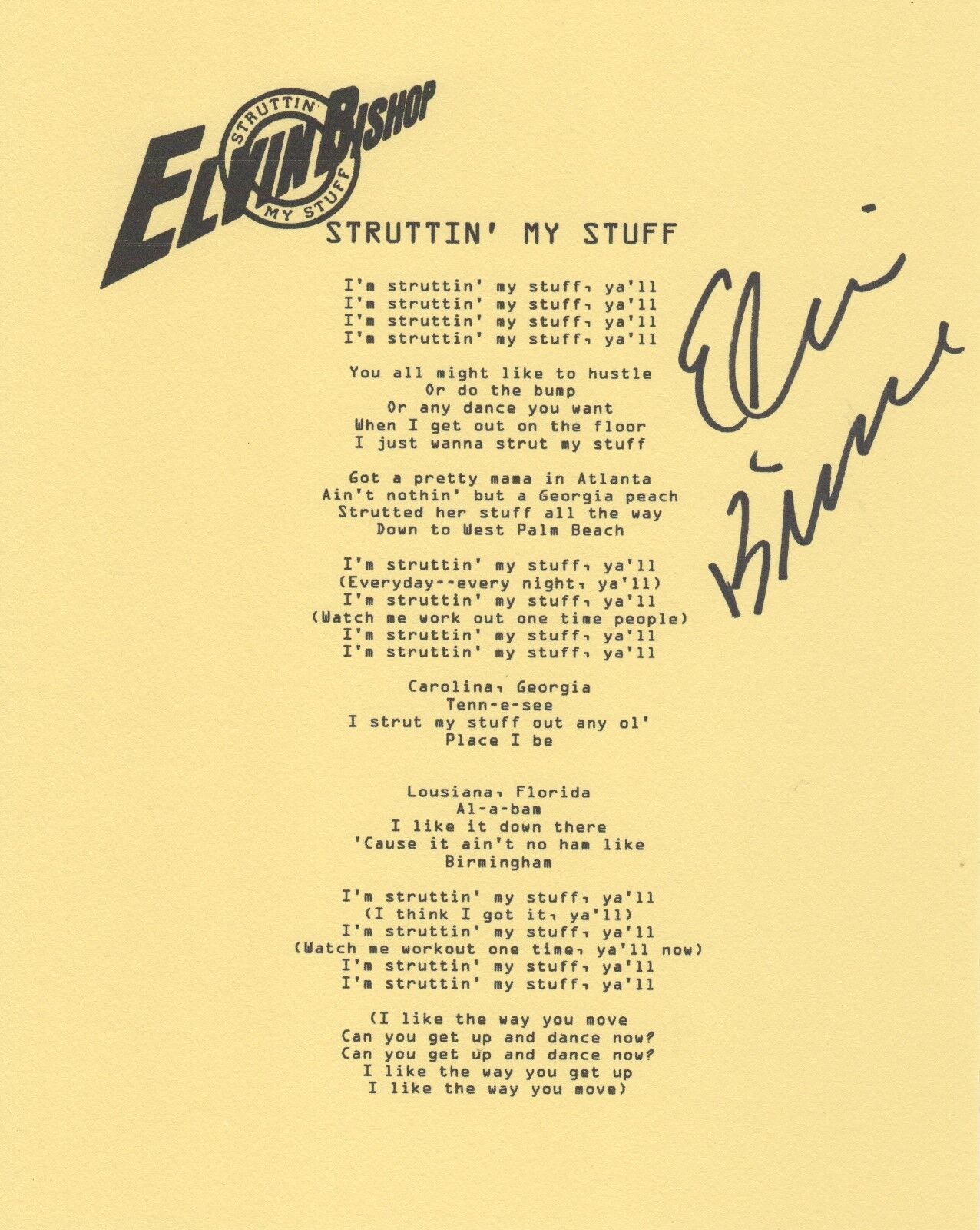 Elvin Bishop REAL SIGNED Struttin' My Stuff lyric sheet #2 COA Butterfield Blues