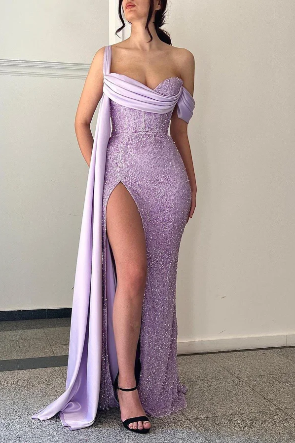 Daisda Stunning Sequins Lilac Off-the-Shoulder Sleeveless Prom Dress with Split