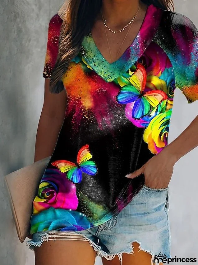 Women's T Shirt Tee Blue Purple Green Graphic Butterfly Print Short Sleeve Daily Weekend Basic V Neck Regular Abstract