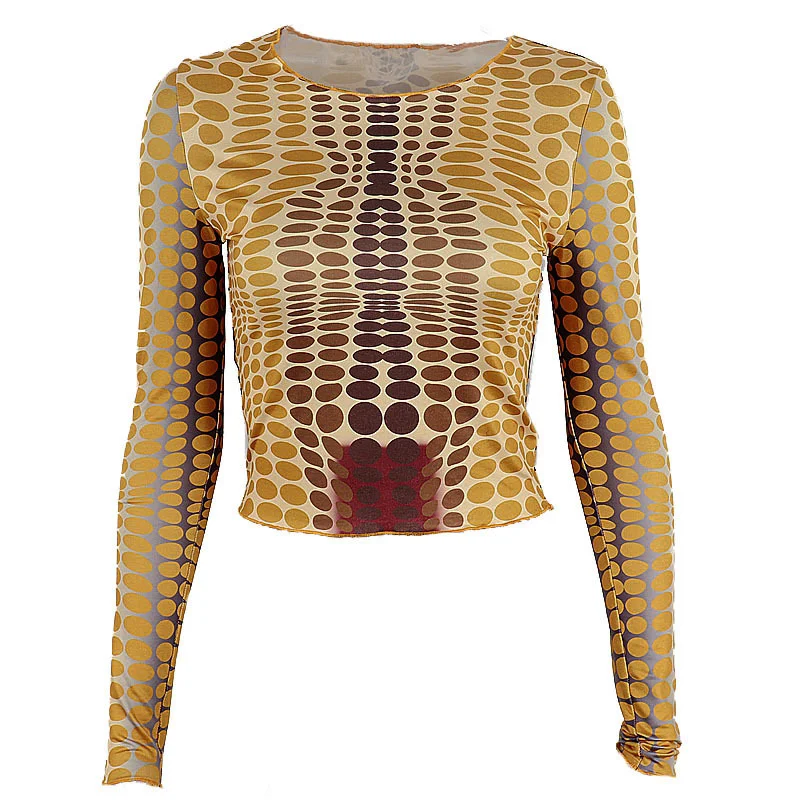 Brownm Brownm New Hot Style Fashion Street Polka Dot Print Slim Crop Long-Sleeve Top T-Shirt Women